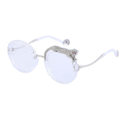 New Anti-Blue Light Glasses For Women With Leopard Head And Diamond Embellishments, European And American Style Round Frame Sunglasses, Trendy Large Frame Sun Protection Sunglasses With A High-End Fee