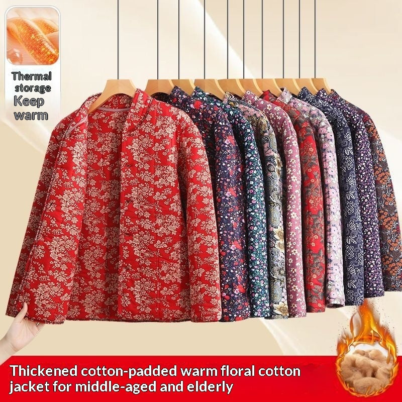 Middle Aged And Elderly Stand Collar Floral Cotton Padded Coat
