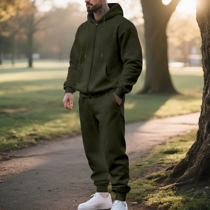 Mens Solid-Color Cardigan Zip-Up Long-Sleeve Sports Suit