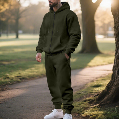 Mens Solid-Color Cardigan Zip-Up Long-Sleeve Sports Suit