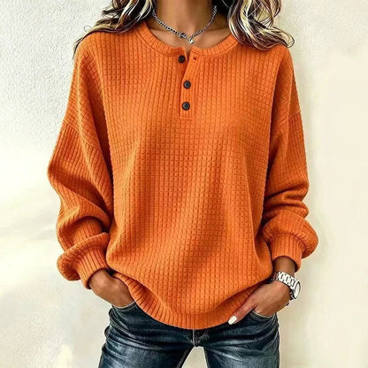 Womens Plaid Casual Loose-fit Crew-neck Long-sleeve Sweatshirt With Buttons