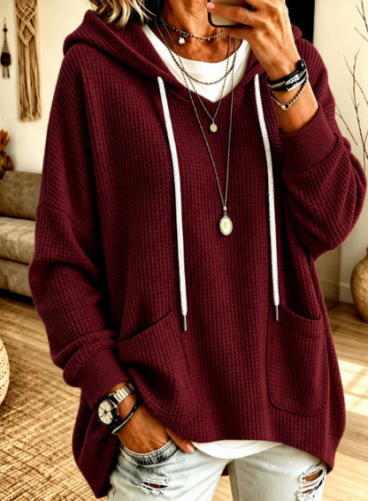 Anuo Self-developed European & American Autumn Winter Women's Waffle Loose Long Sleeve Hoodie Casual Sweatshirt