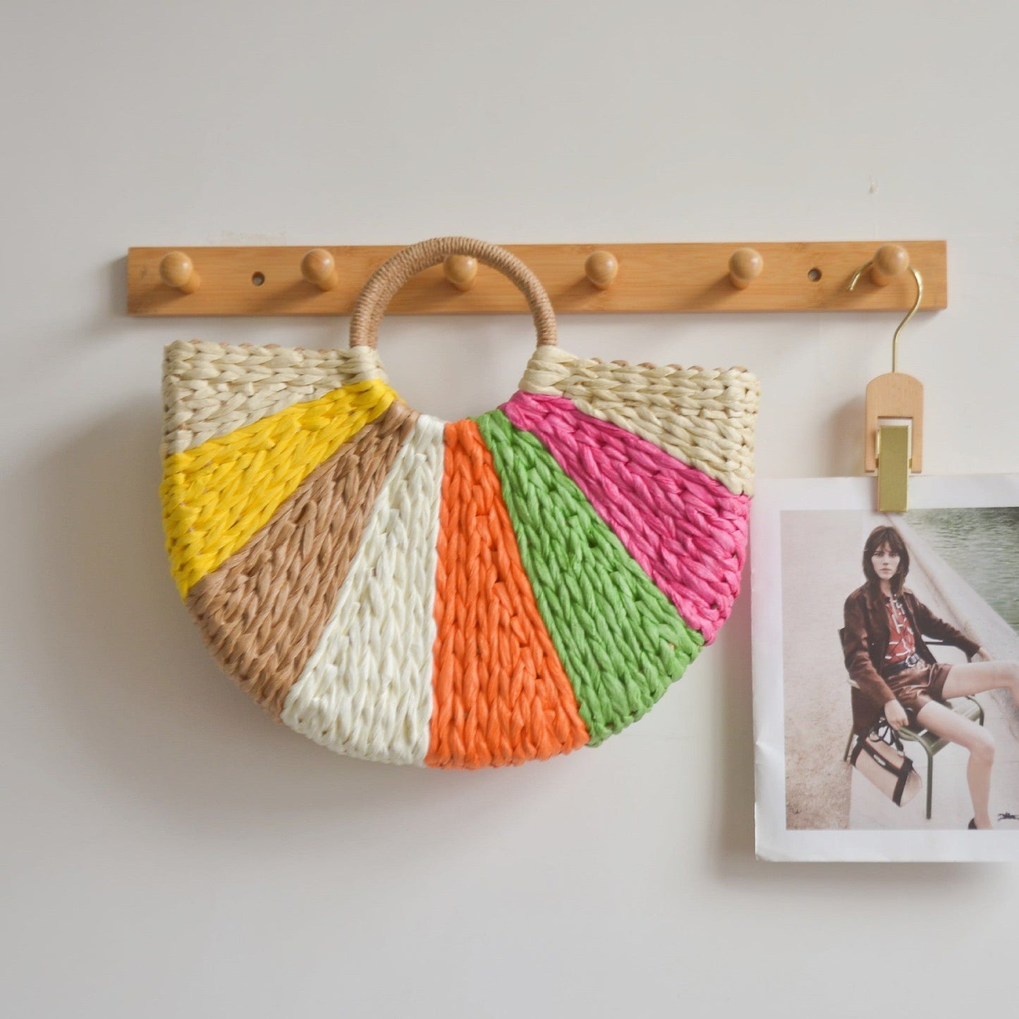 Personalized Vintage Paper-woven Bag Semicircular Travel Tote With Large Capacity