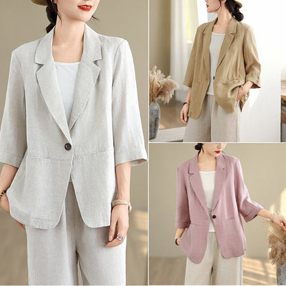 Artistic Retro Cotton-Linen Three-Quarter-Sleeve Blazer Jacket For Women