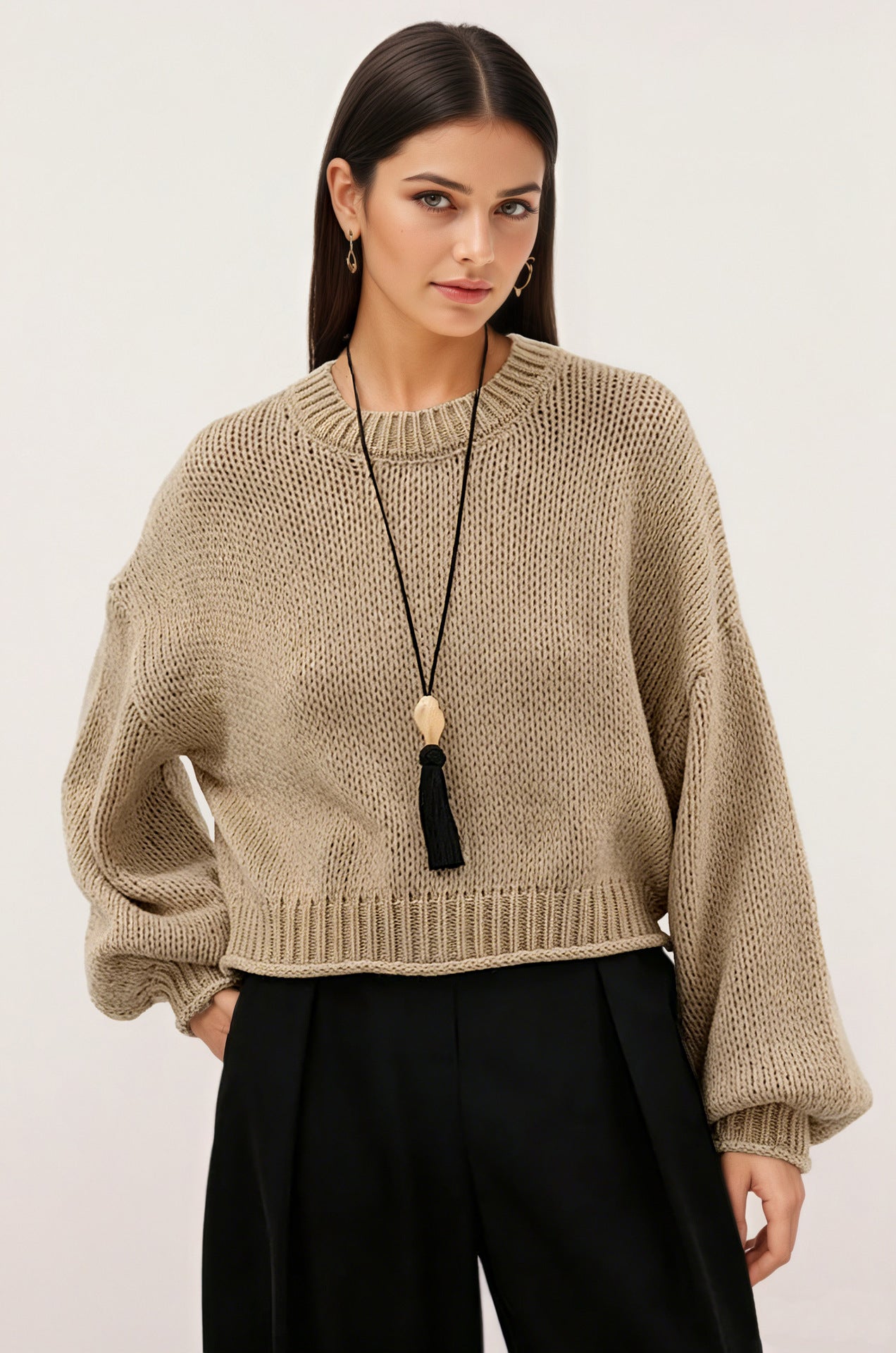 Womens Loose-Fit Round-Neck Casual All-Match Knitted Sweater