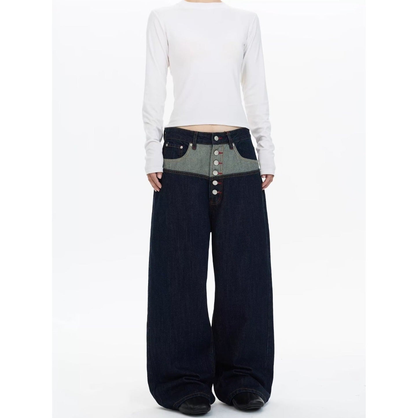 Draped Cut Wide-leg Casual Relaxed Fit High-waisted Denim Jeans With A Button-fly