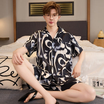 Mens Summer Cardigan Ice-silk Short-sleeve Top And Shorts