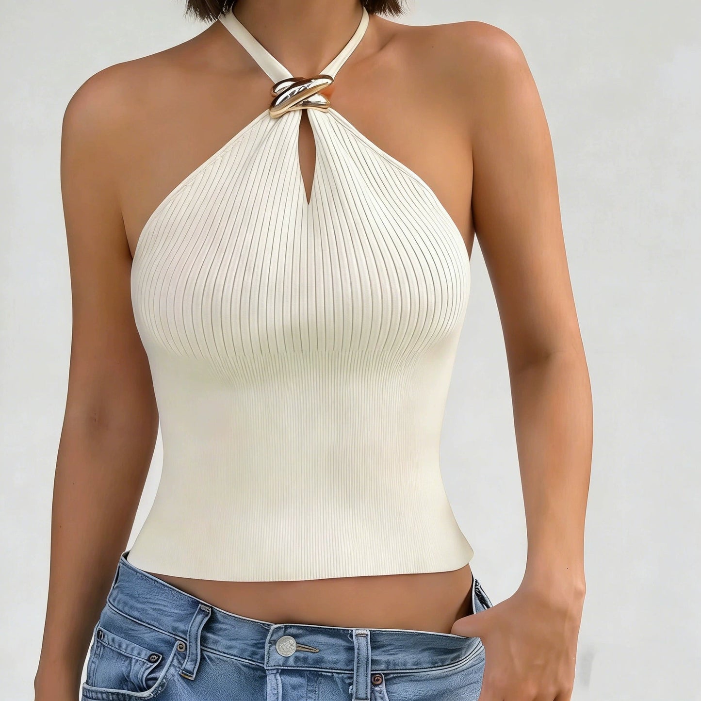 Metal Buckle Hanging Neck Knitted Camisole Vest For Women's Summer New Slim Fit And Short Style Off Shoulder Spicy Girl Style Top
