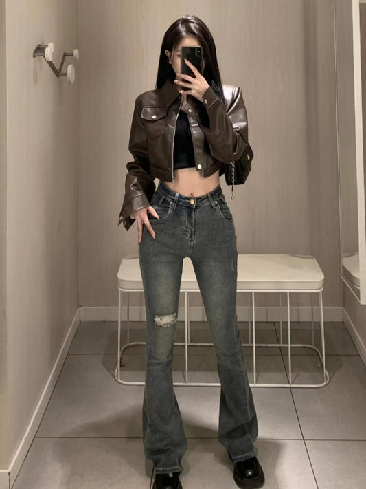 Retro Coffee Leather Moto Jacket