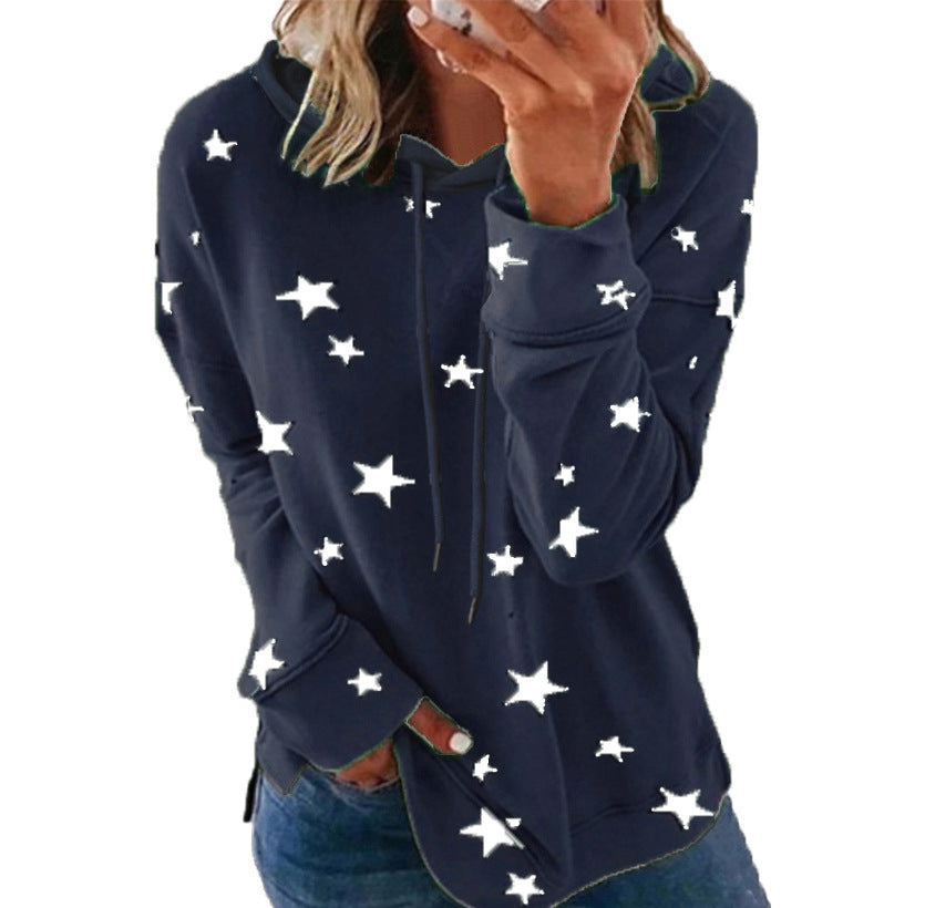 Women's Star Print Drawstring Hoodie, Long Sleeve Side Slit Casual Hooded Sweatshirt With Pockets