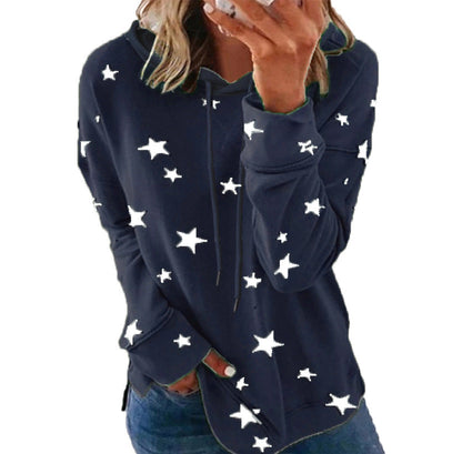 Women's Star Print Drawstring Hoodie, Long Sleeve Side Slit Casual Hooded Sweatshirt With Pockets