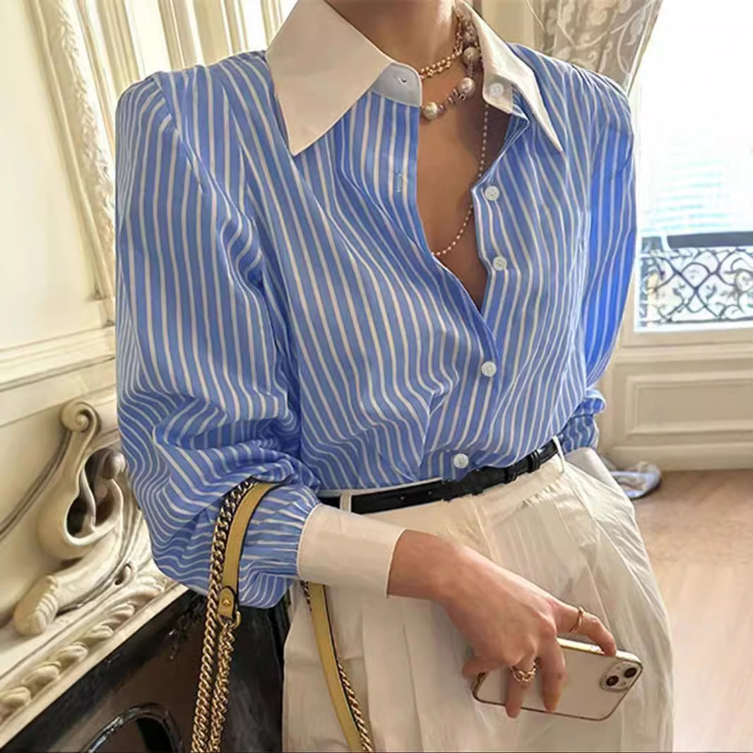 European And American-style Striped Patchwork Shirt