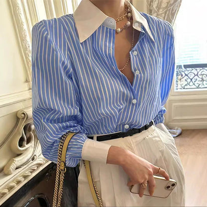 European And American-style Striped Patchwork Shirt
