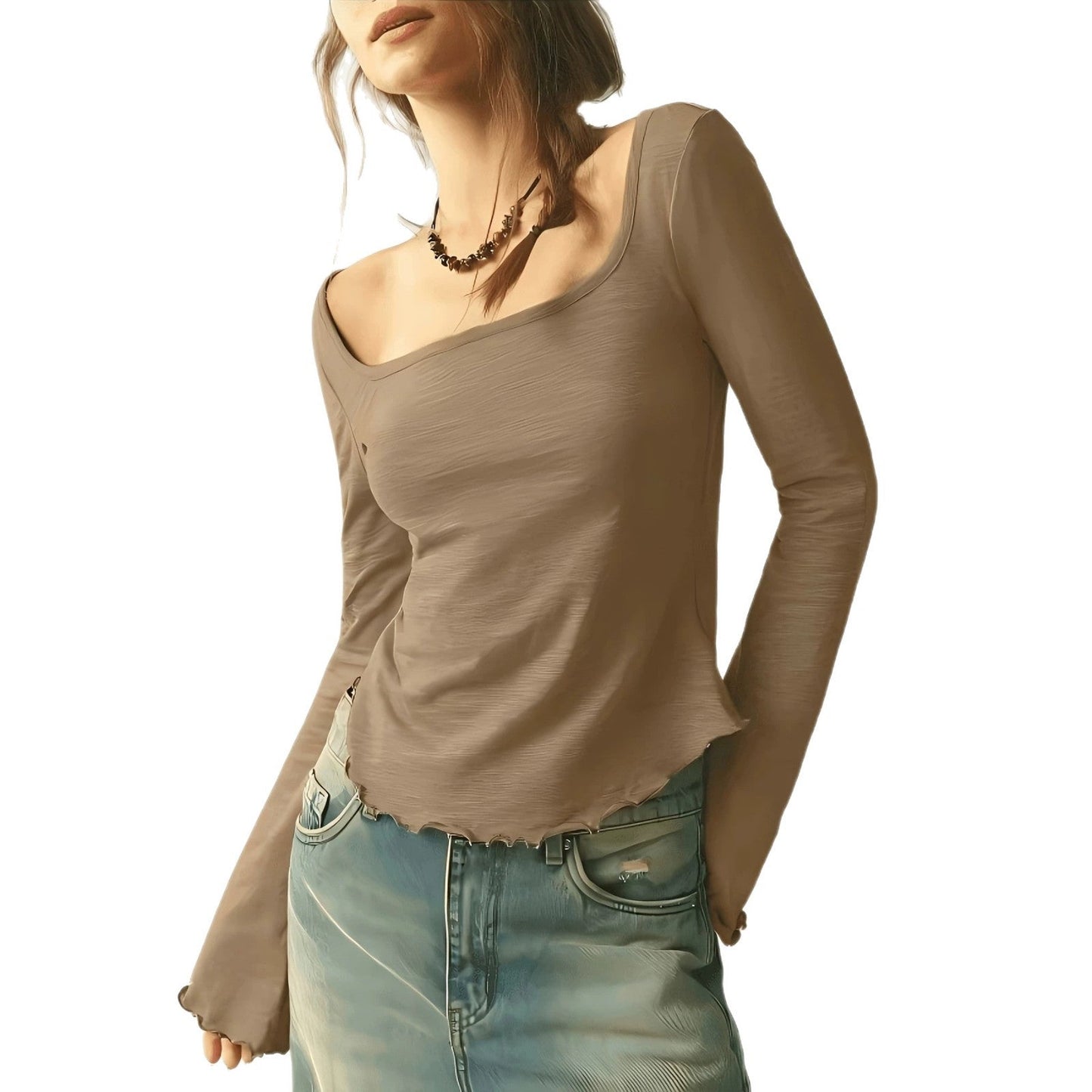 Wide-neck Long-sleeve Top Basic T-shirt
