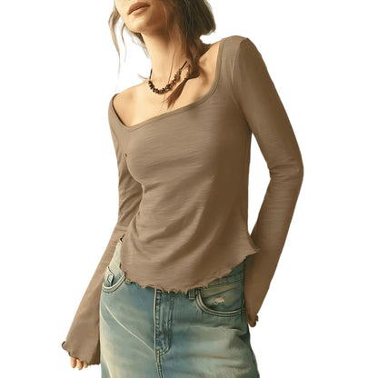 Wide-neck Long-sleeve Top Basic T-shirt