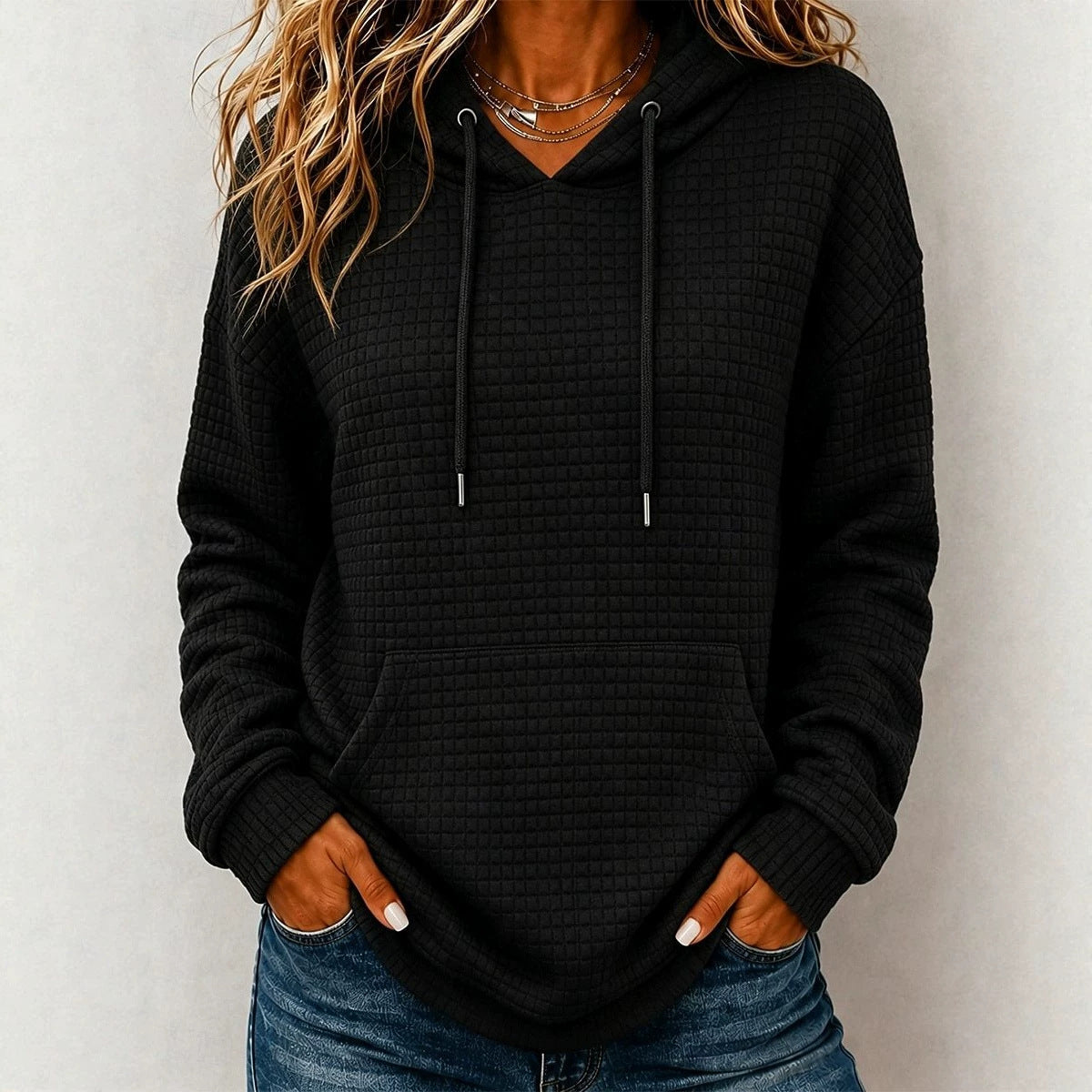 Womens Loose-Fit Long-Sleeve Drawstring Hoodie Casual All-Match Pullover Top