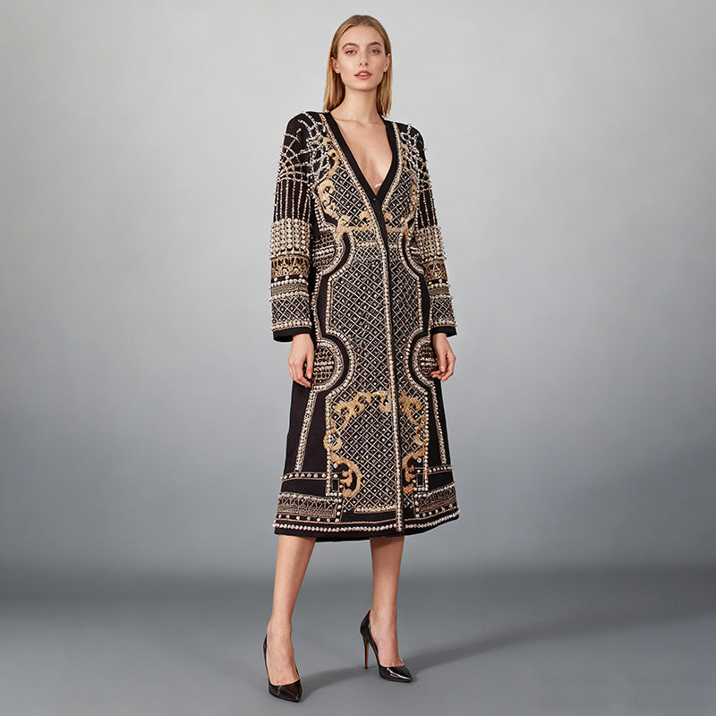 Womens Long Suit-Style Trench Coat With Floral Print And Beading