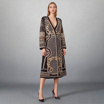 Womens Long Suit-Style Trench Coat With Floral Print And Beading
