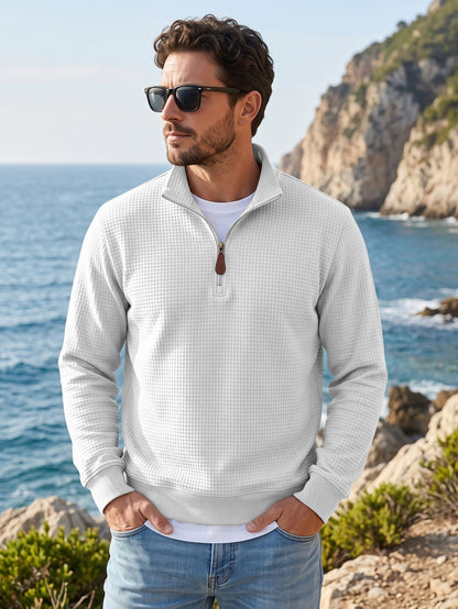 American-style Waffle Knit Half-Zip Stand Collar Men's Sweater, TK Foreign Trade Long Sleeve Pullover Casual Sweatshirt