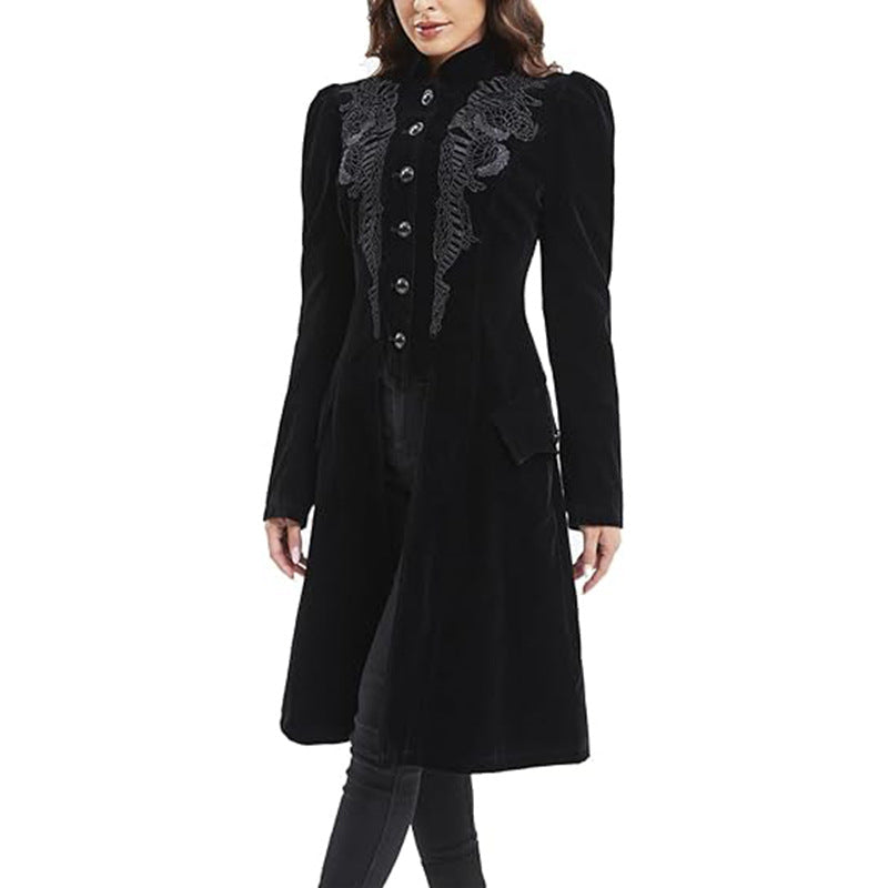 Retro-chic Fitted Waistline Printed Long-sleeve Stand-collar Coat