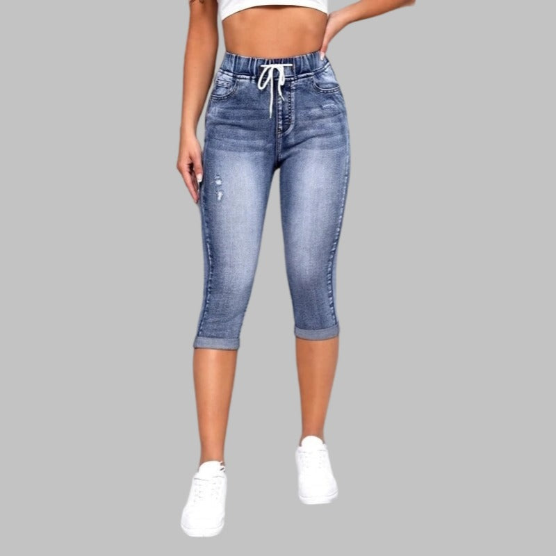 Cross-border European And American Hot Selling Women's Jeans Women's High Elastic Elastic Waist Drawstring High Waist Sexy Ripped Jeans