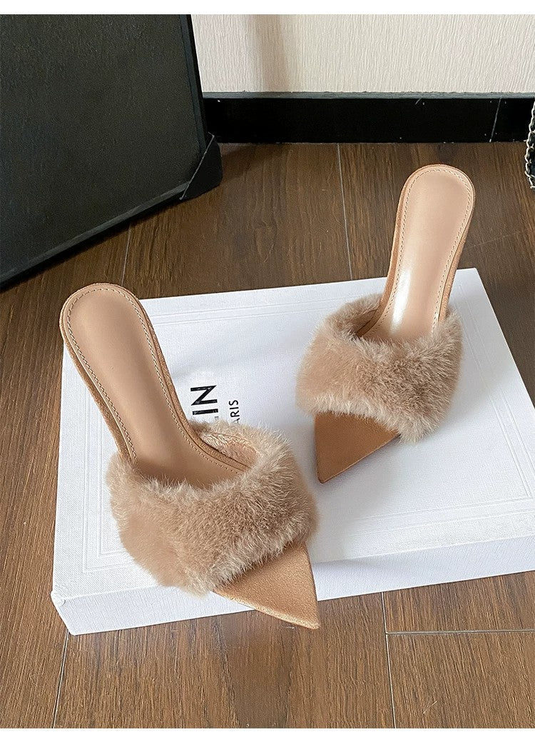 Women's 2026 Fall Winter New Fuzzy Mules, Pointed Toe Thin High Heel, Comfortable Versatile Fashion Premium Women Slippers