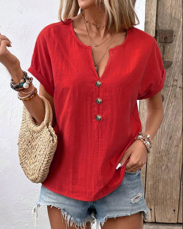 2026 Summer New European And American Women's Button V-neck Short Sleeved T-shirt Top For Women