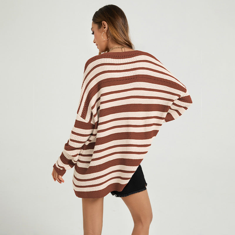Womens Casual Loose-fitting Top Patchwork Stripes