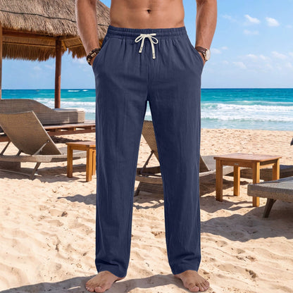 Men's American Style Washed Crinkled Linen Cotton Trousers, US Size, Summer Vacation Outdoor Beach Straight-Leg Pants For AliExpress