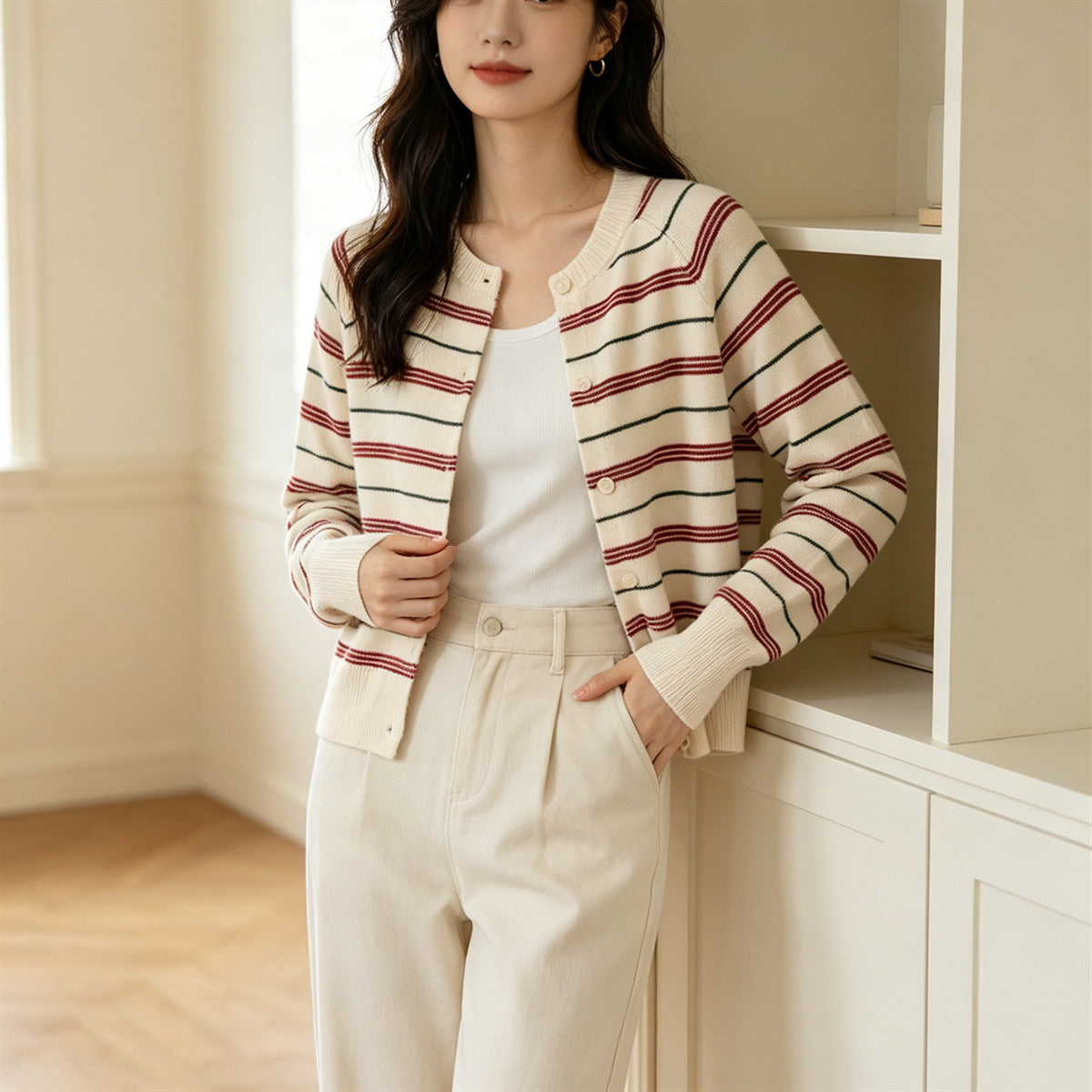 Womens Elegant Contrasting-Color Striped Sweater