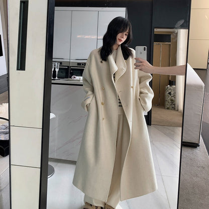Stand-collar Design Double-breasted Coat Womens Large Lapel Long Loose-fit Wool Overcoat
