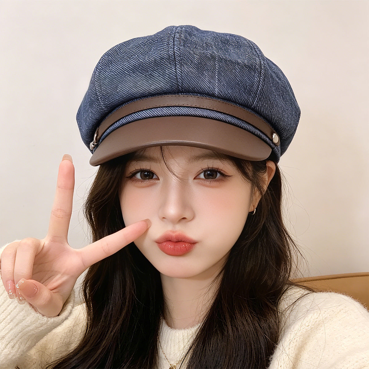 Cross-border Fashion Retro Denim Patch PU Leather Belt Buckle, Newsboy Hat, Casual And Versatile, Artistic Style Painter's Hat