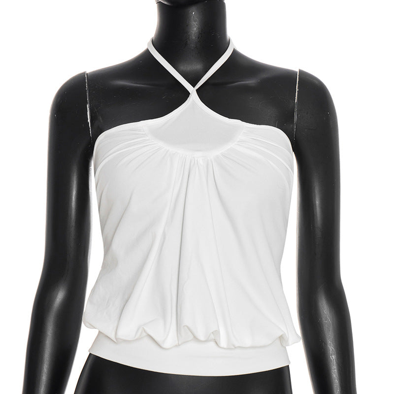 New Solid-color Slimming Sleeveless Halter Top With Gathered Straps