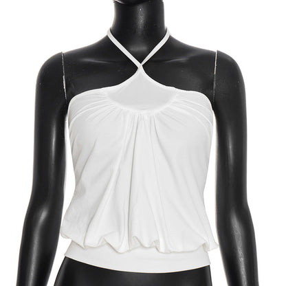 New Solid-color Slimming Sleeveless Halter Top With Gathered Straps