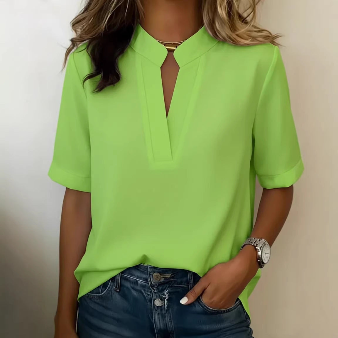 Amazon European And American Cross-Border New Women's Tops 2026 Summer Casual Solid Color V-Neck Loose Shirt T-Shirt For Women