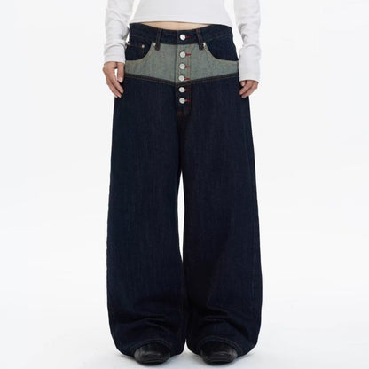 Draped Cut Wide-leg Casual Relaxed Fit High-waisted Denim Jeans With A Button-fly