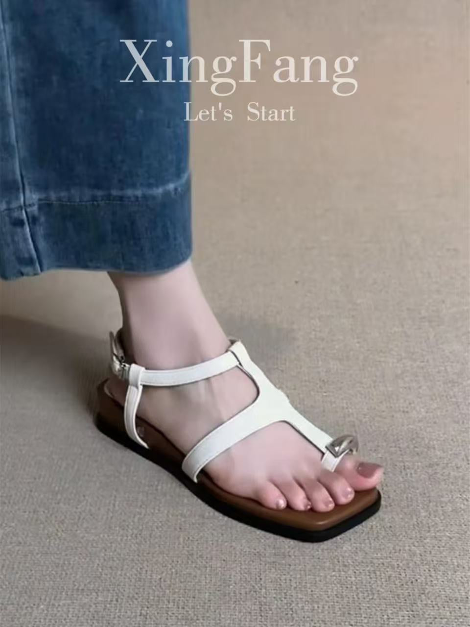 Women's Fashion Metal Buckle Thong Square Toe Sandals, 2026 Summer New, Niche Design Versatile Mid Heel Slide Slippers