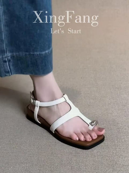 Women's Fashion Metal Buckle Thong Square Toe Sandals, 2026 Summer New, Niche Design Versatile Mid Heel Slide Slippers