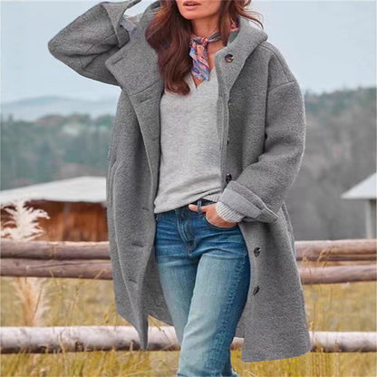 Autumn And Winter Popular Women's Jacket Amazon Long-Sleeved Long Hooded Woolen Casual Style Loose Coat
