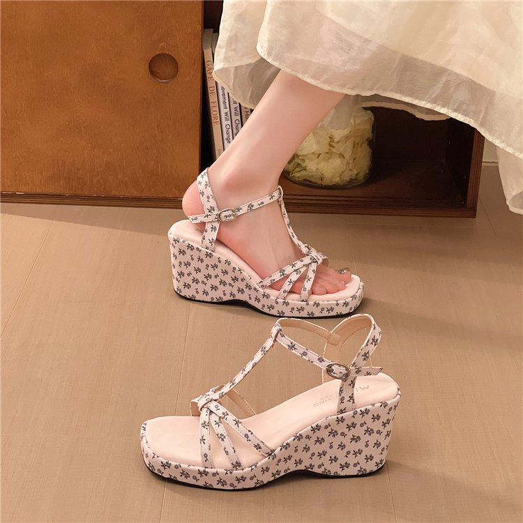 Women's Floral Print Sandals, 2026 Summer New Gorgeous French FairyStyle Platform HeightBoost Shoes For Petite Figures, Match With Dresses