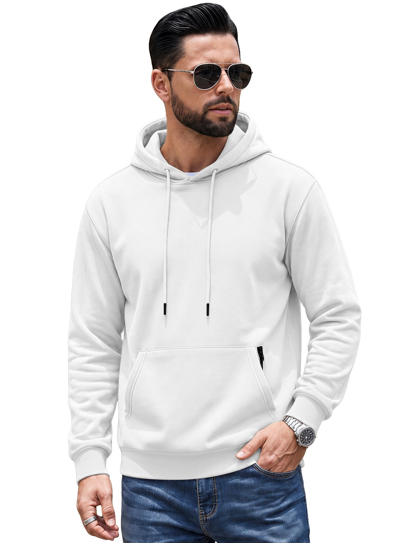 Cross-border TK Men's American Solid Color Drawstring Hoodie, Sports & Outdoor Sweatshirt With Anti-theft Side Zipper Kangaroo Pocket