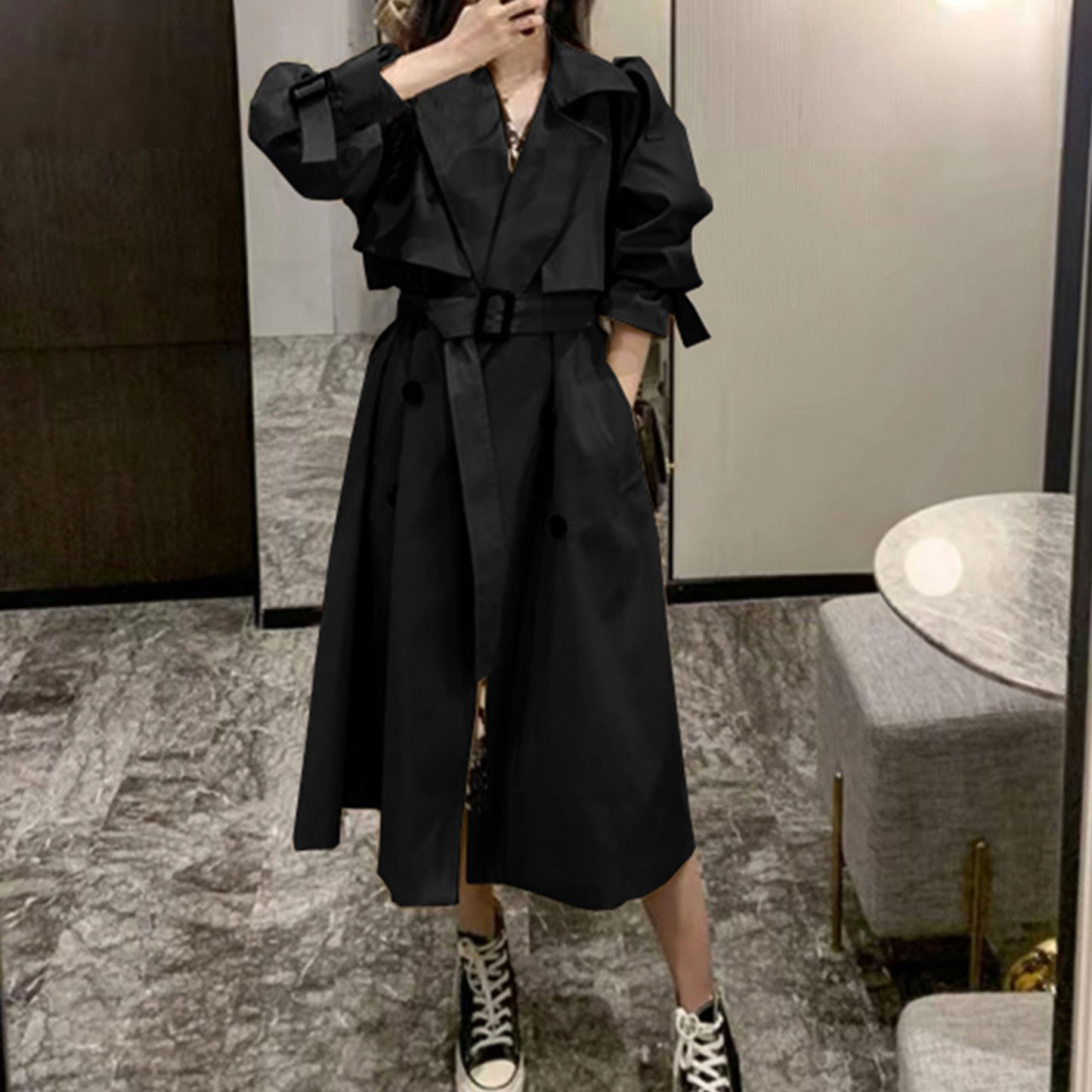 Women's Trendy Double-Breasted Trench Coat, Oversize Korean Style, Spring Clothing