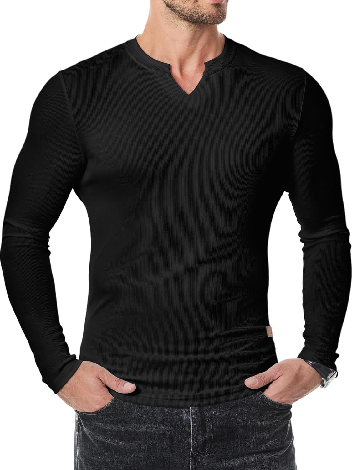 Cross-border Amazon New Foreign Trade Autumn And Winter Men's V-neck Pit T-shirt Solid Color Casual Fashion Men's Long Sleeve