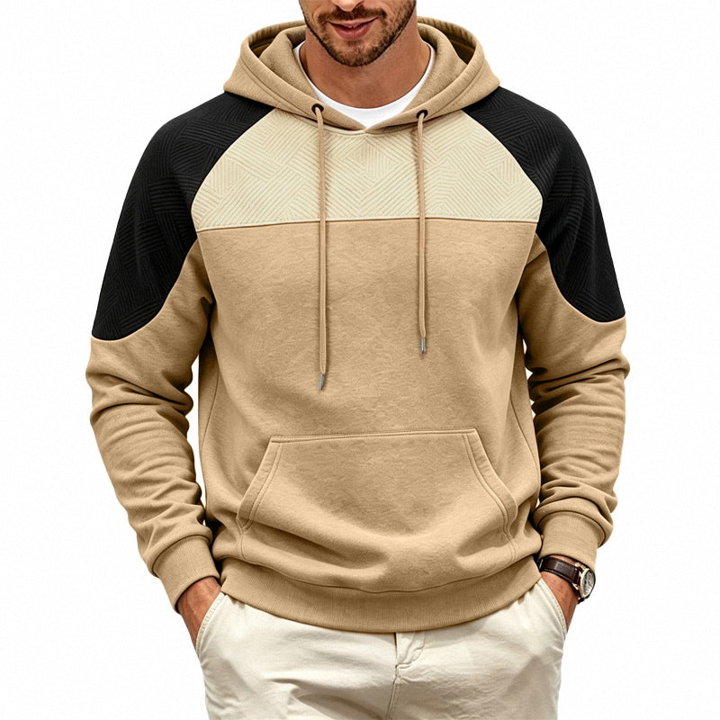 Fleece-lined Mens Patchwork Color-block Textured Loose-fit Hooded Jacket