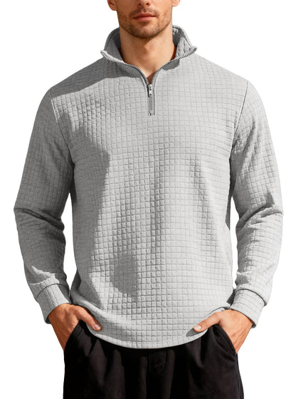 Business-casual Mens Loose-fit Jacquard Crew-neck Half-zip Hoodie With Small Square Patterns