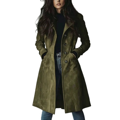 High Quality European American Style Women's Fall Winter Lapel Suede Mid-Length Trench Coat