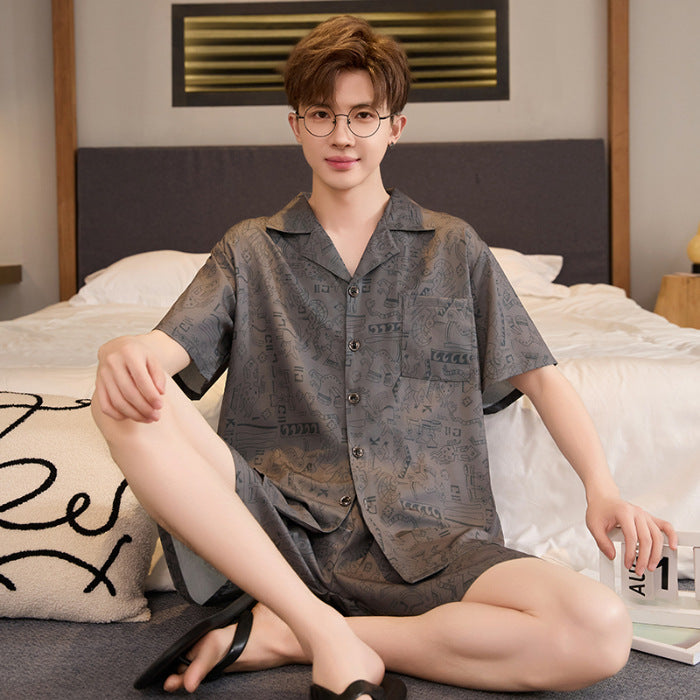 Mens Summer Cardigan Ice-silk Short-sleeve Top And Shorts