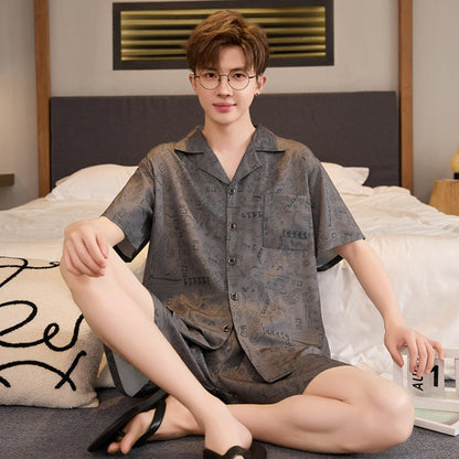 Mens Summer Cardigan Ice-silk Short-sleeve Top And Shorts