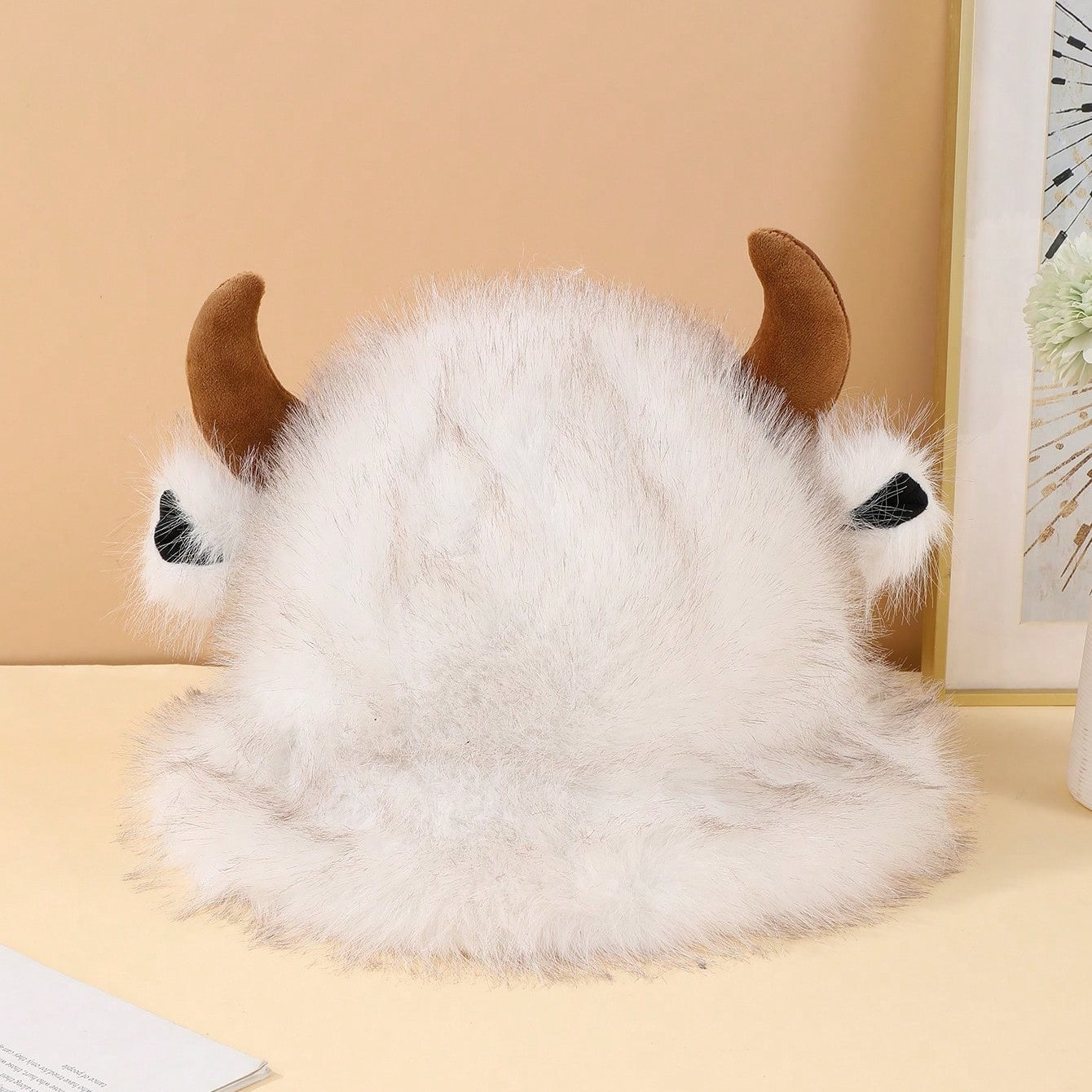 Halloween Cute Cowhorn-shaped Small-ear Plush Fisherman Hat With Stars - Versatile And Thick Outdoor Warm Fleece Hat