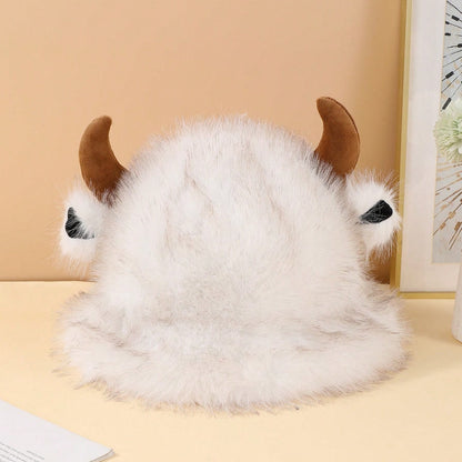 Halloween Cute Cowhorn-shaped Small-ear Plush Fisherman Hat With Stars - Versatile And Thick Outdoor Warm Fleece Hat
